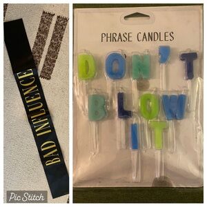 Lot of funny birthday decor cake topper birthday candles & black and gold sash